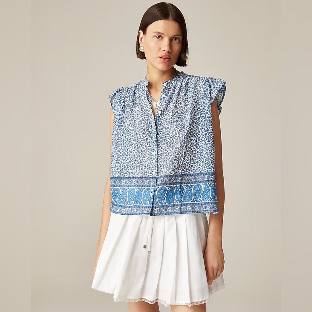 J.Crew Flutter Sleeve Button Up Blouse Blue Bandana Print NWT Size Small - Picture 1 of 5